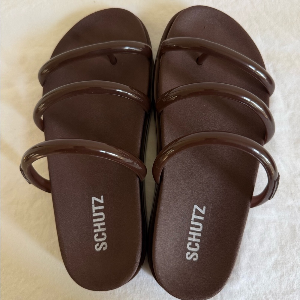 Schutz Polly Sporty Slide Sandals Brown Marrom Chocolate Bar Size 38 Women Jelly